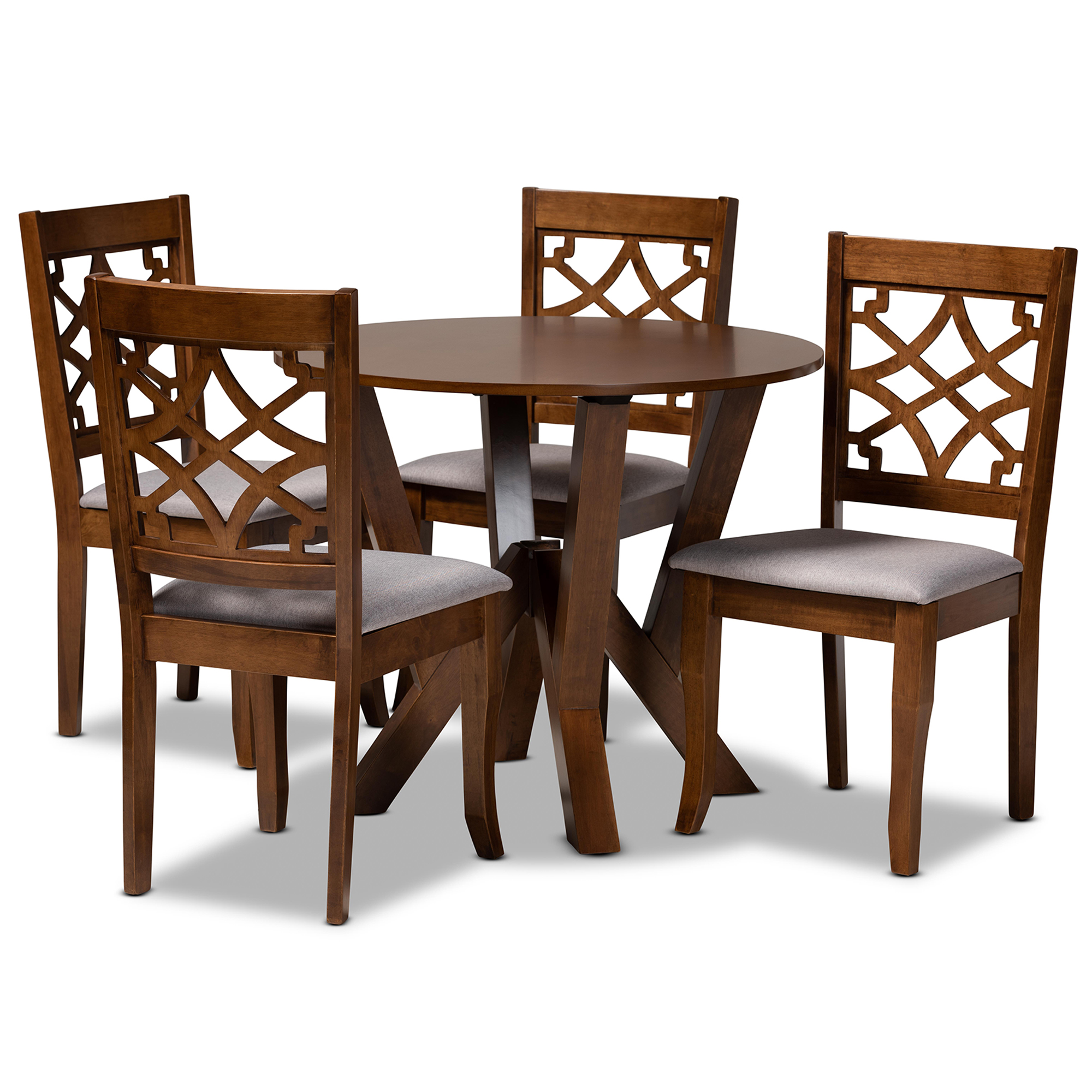 Baxton Studio Alisa Modern and Contemporary Grey Fabric Upholstered and Walnut Brown Finished Wood 5-Piece Dining Set